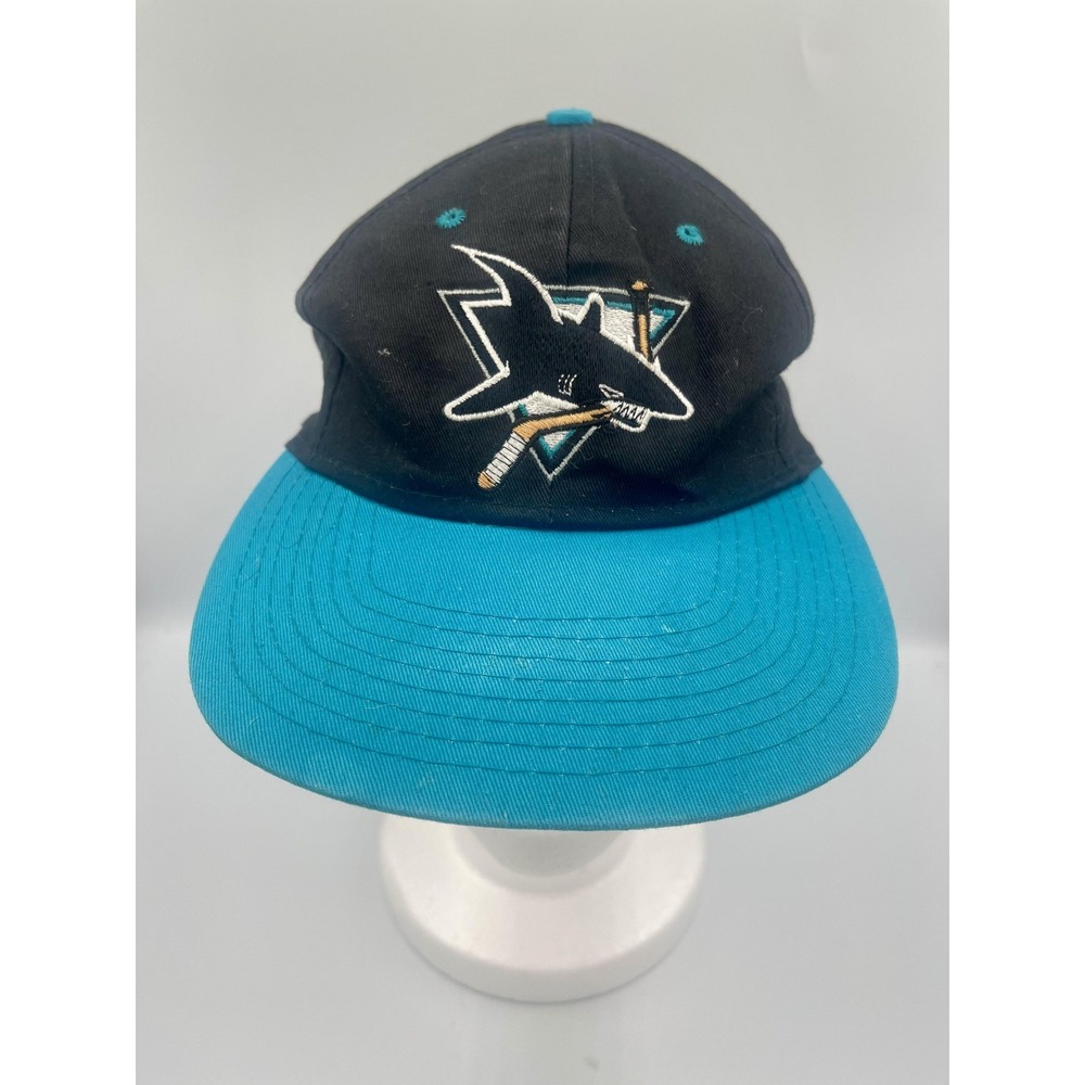 Vintage San Jose Sharks Hat Cap Snap Back Black Blue NHL Hockey Mens 90s